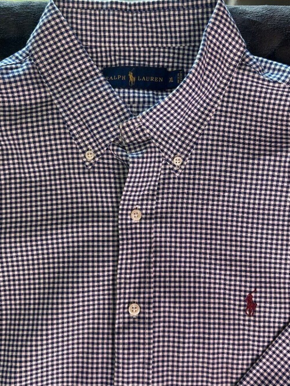 Ralph Lauren Button Down Shirt XL Navy White Check Cotton Stretch Long Sleeve